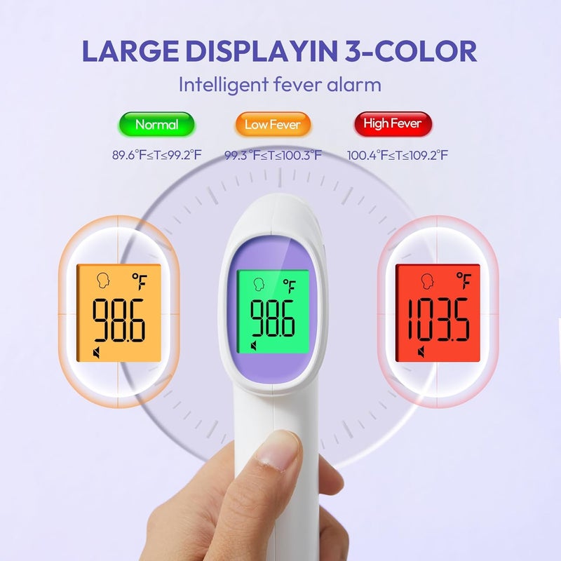 Viproud مقياس حرارة الجبين للبالغين والأطفال والرضع، مقياس حرارة رقمي بدون لمس مع شاشة LCD مضيئة، إنذار للحمى وقراءة فورية خلال 1 ثانية - بنفسجي - Image 3